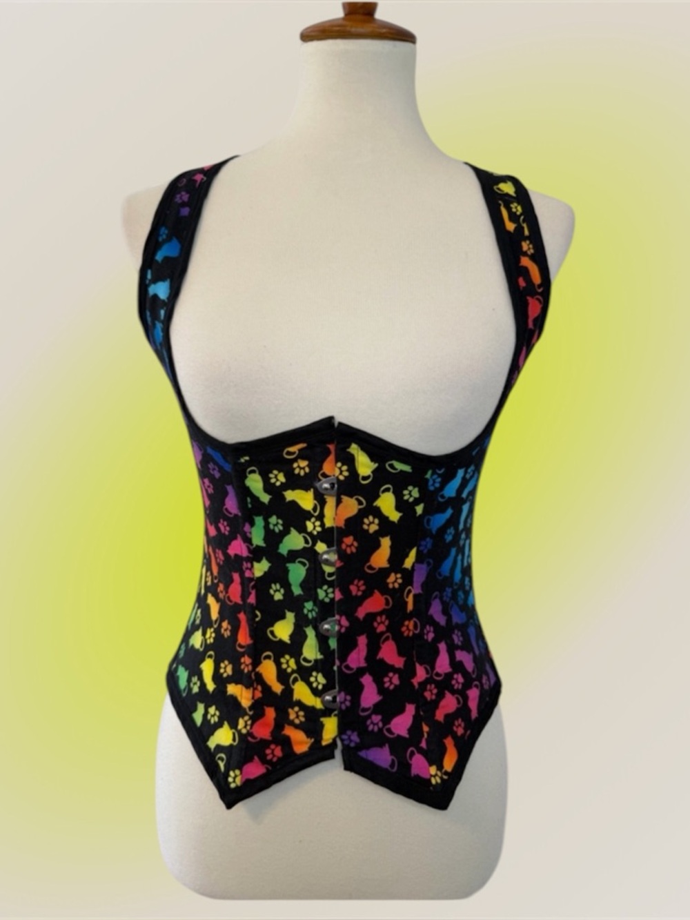 Custom Cat Print Corset Top, Rainbow Cats & Paw Prints, Lace-Up Back
